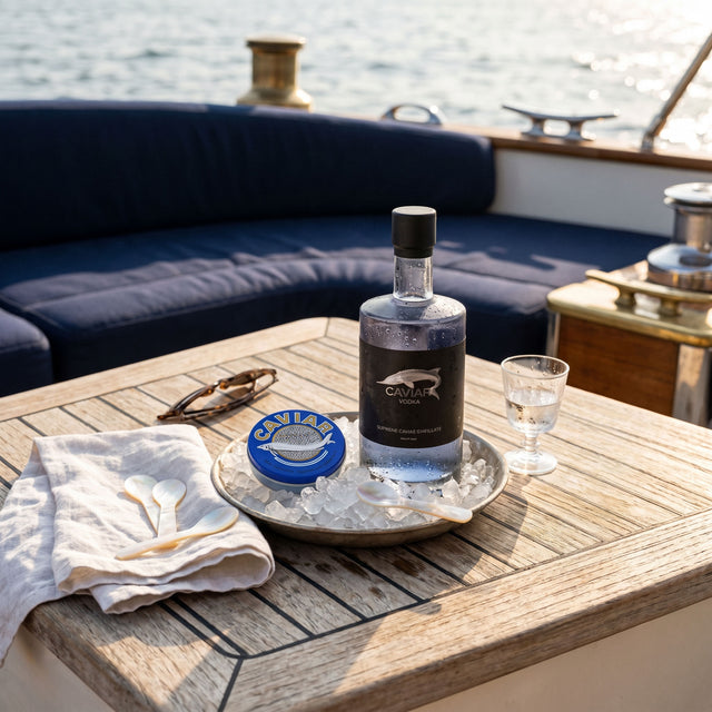 Black Pearl Caviar Vodka with caviar on crushed ice and mother-of-pearl spoons on the teak deck of a yacht