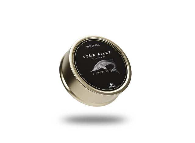 A Can of Premium Sturgeon Filet in olive oil and real Piemont Truffle
