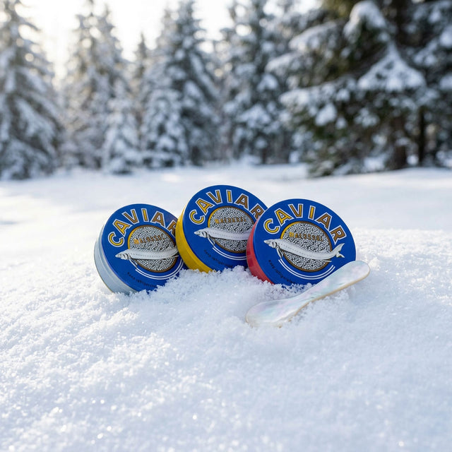 Three caviar tins and a mother-of-pearl spoon bedded in fresh snow in front of a snowy spruce forest