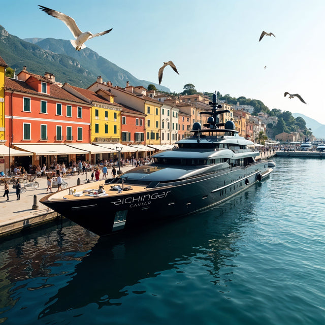 Black Eichinger Caviar Super yacht parked in mediterranean town harbour 