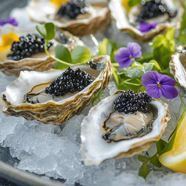 Freshly shucked oysters toped with fresh Imperial Baerii Caviar