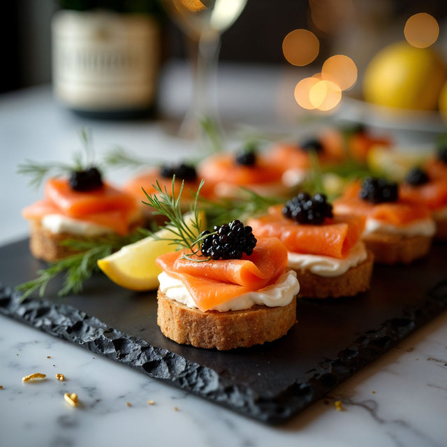 Smoked Salmon Canapes topped with Imperial Baerii Caviar