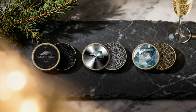 Array of all Caviar Selections in a Christmas setting