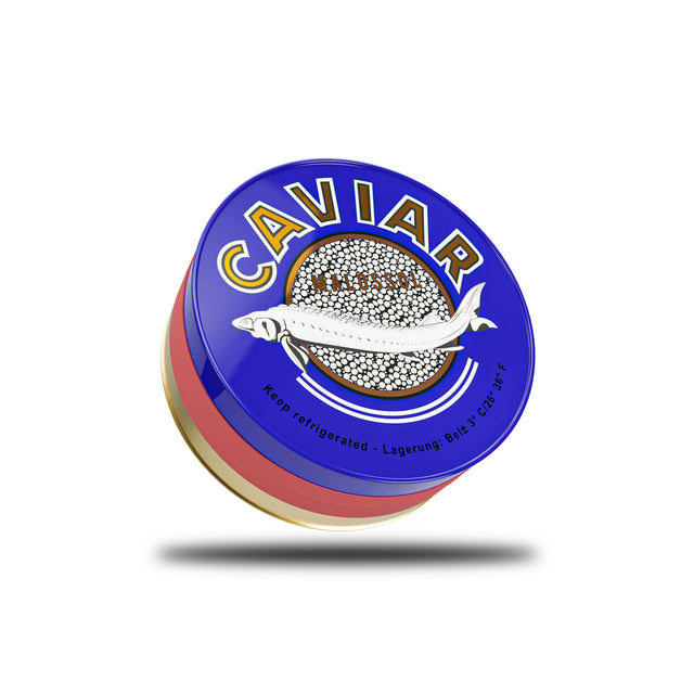 1000g of Imperial Baerii Caviar packaged in traditional blue/gold caviar can