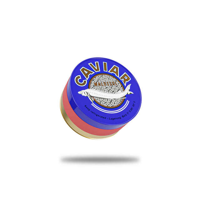 500g of Imperial Baerii Caviar packaged in traditional blue/gold caviar can