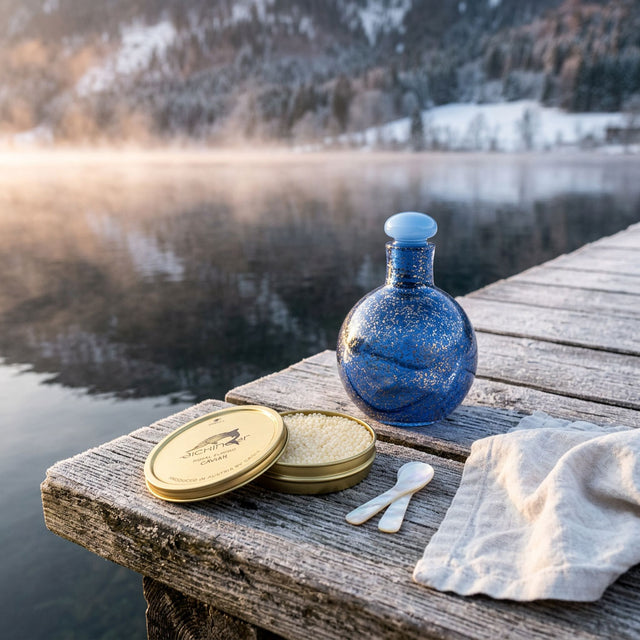 Caviar Eichinger Royal Albino et la carafe bleue d'Albino Caviar Vodka sur un ponton givré au bord d'un lac alpin brumeux
