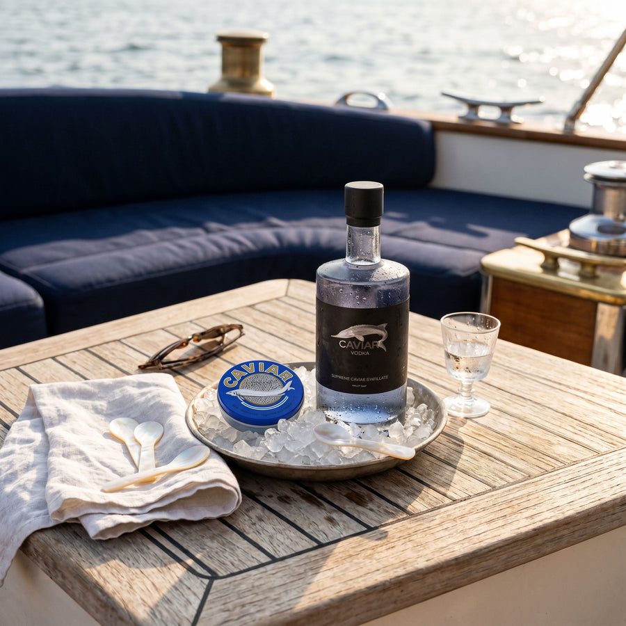 Black Pearl Caviar Vodka with caviar on crushed ice and mother-of-pearl spoons on the teak deck of a yacht