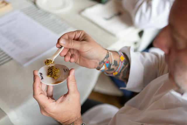 Closeup of Chef Rating Texture and Color of Caviar