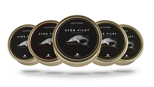 Cans of Sturgeon Filet in different flavours