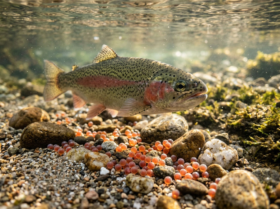 Rainbow trout spawingn in alpine river bed