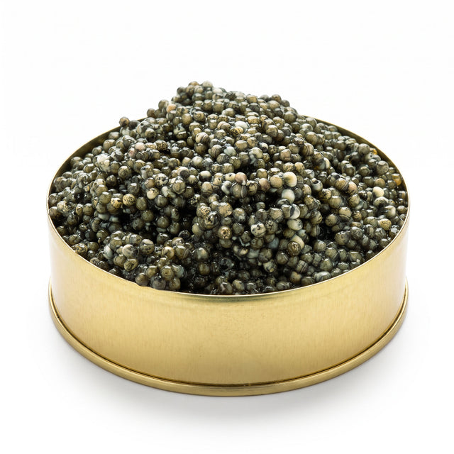 Open tin of Eichinger Osietra caviar, large grey-brown pearls